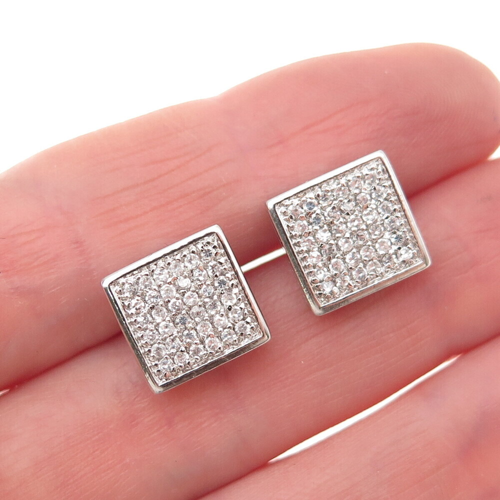 925 Sterling Silver Round-Cut C Z Sparkle Square Stud Earrings